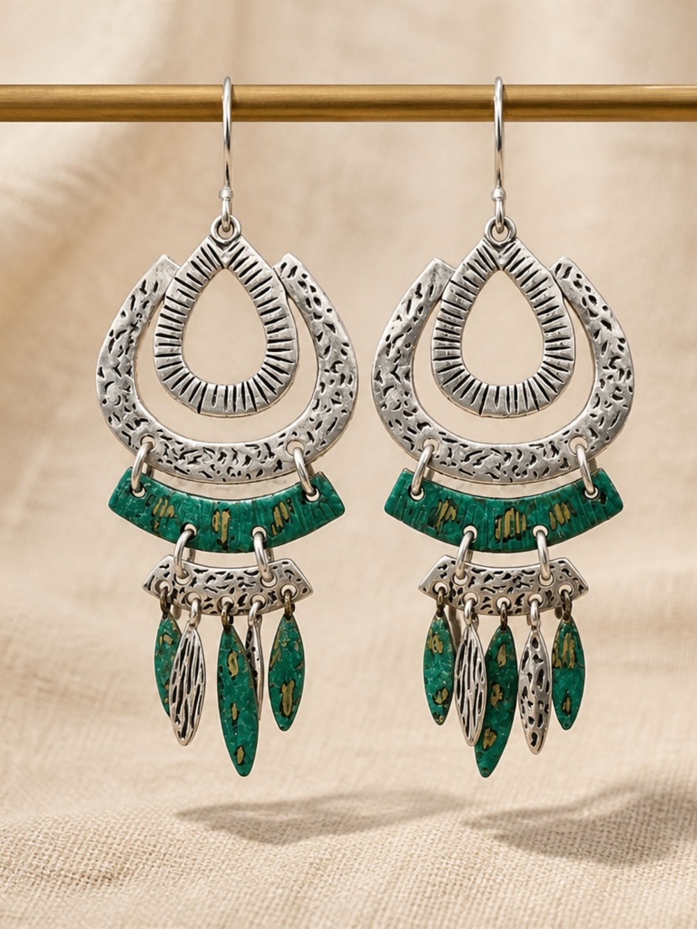 Boho 925 Sterling Silver with Green accent Dangle Earrings